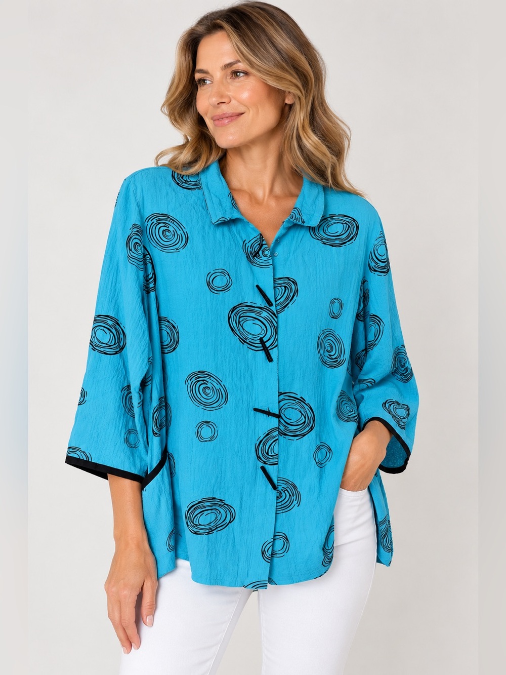 Ali Miles L Blue Textured Swing Jacket Abstract Spiral Print Wearable Art Top